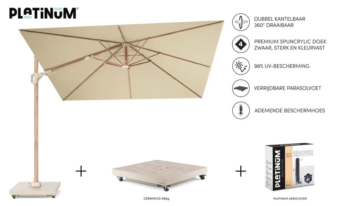 Zweefparasol Challenger T² Premium 300x300 cm Teak / Champagne Platinum - 4